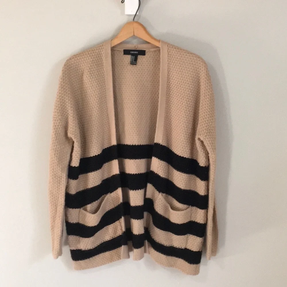 Forever 21 open front Cardigan sweater, brown/tan with black stripes size medium
